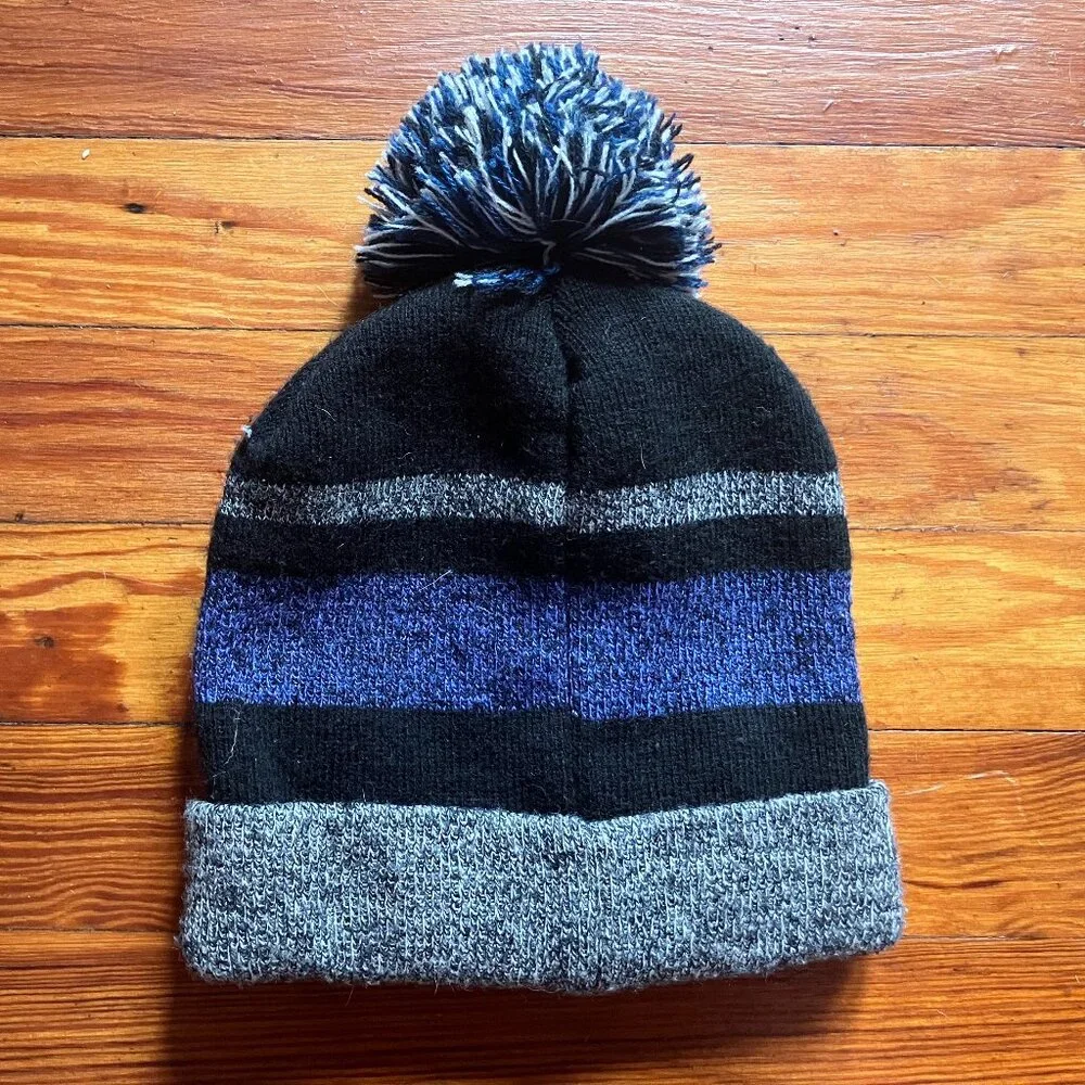 Capelli New York Youth Beanie Hat Blue Black Gray Pom Pom